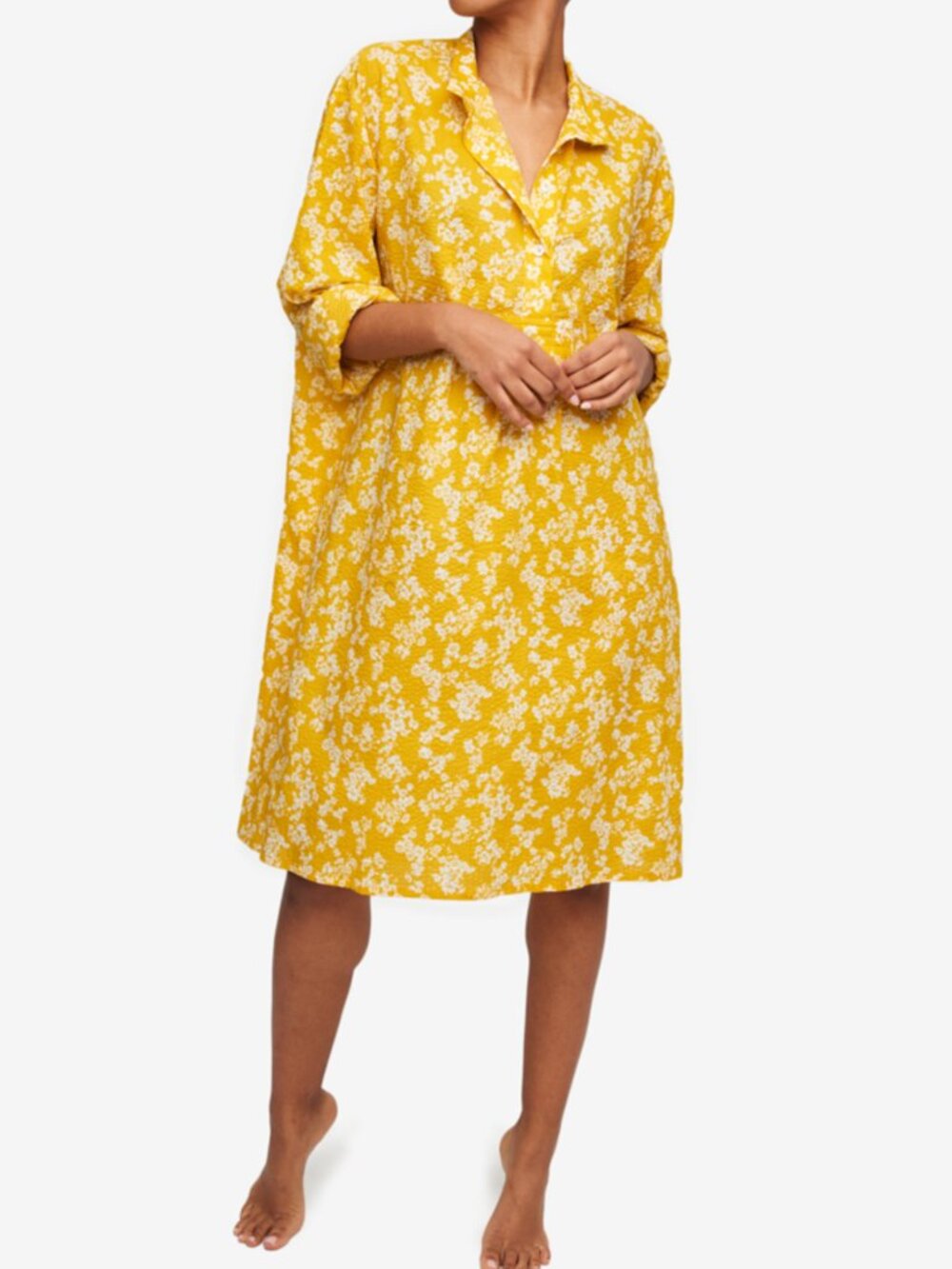 Long Sleep Shirt – Ochre Floral Seersucker – One Size